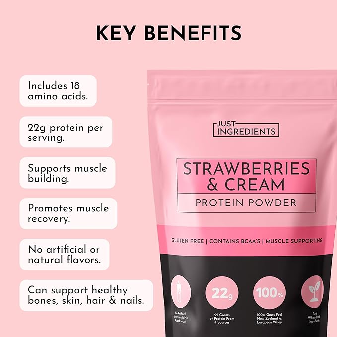 JUST INGREDIENTS Strawberries & Cream Protein Powder ??20-Serving Blend with 100% Grass-Fed Whey &