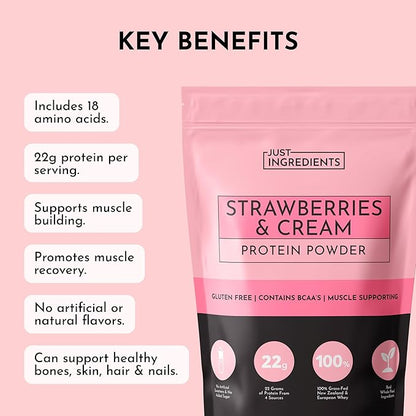 JUST INGREDIENTS Strawberries & Cream Protein Powder ??20-Serving Blend with 100% Grass-Fed Whey &