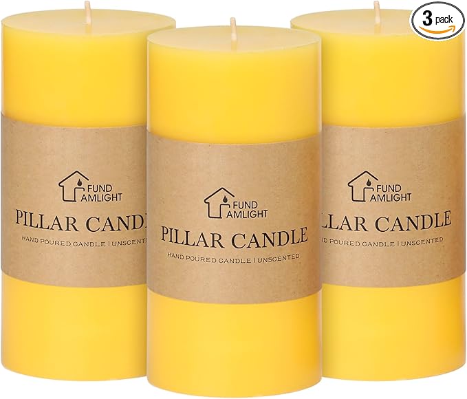 3x6 Inch Yellow Pillar Candles Set of 3 - Decorative Unscented Pillar Candles, Long Burning