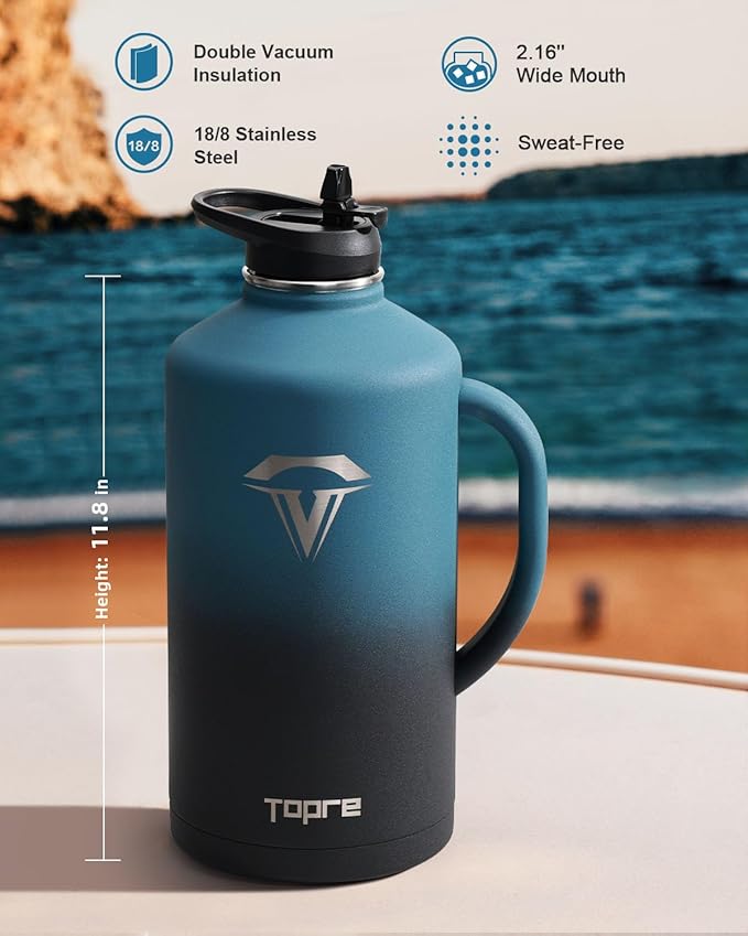 128 oz Stainless Steel Water Bottle with Handle and Carry Pouch, One Gallon Insulated Mug Tumbler