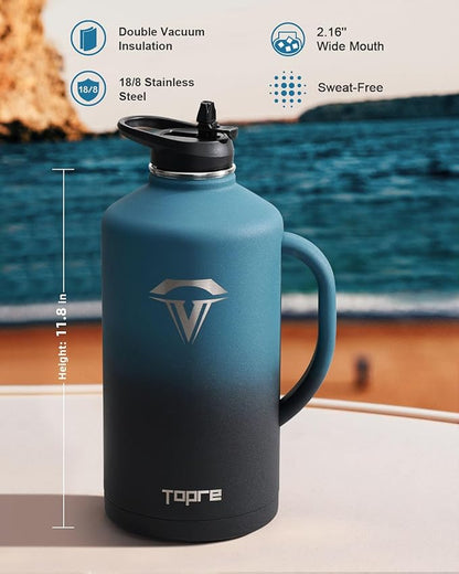128 oz Stainless Steel Water Bottle with Handle and Carry Pouch, One Gallon Insulated Mug Tumbler