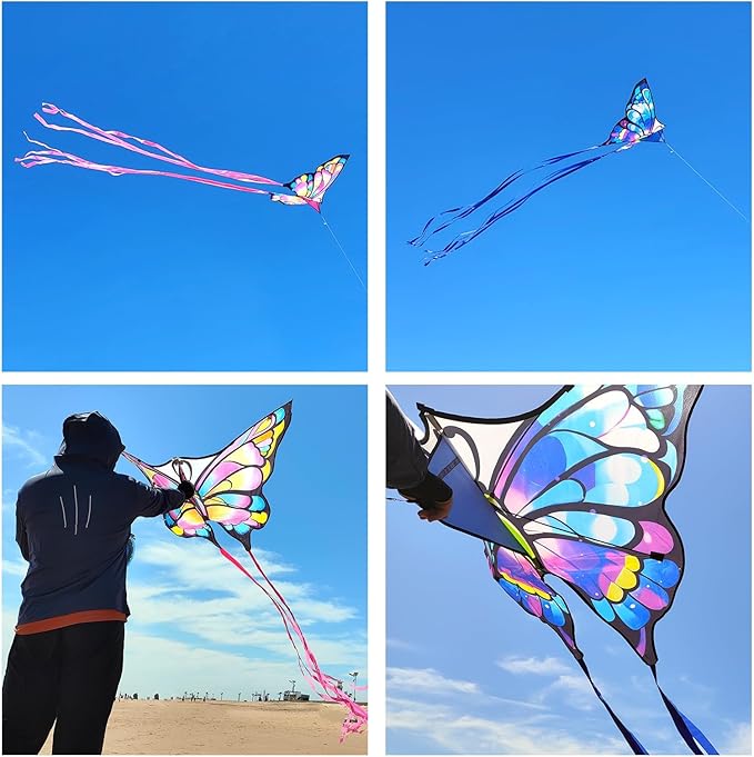 Simxkai Butterfly Kite for Kids & Adults, Easy to Fly Blue Big Kite for Beginners, Line Handle