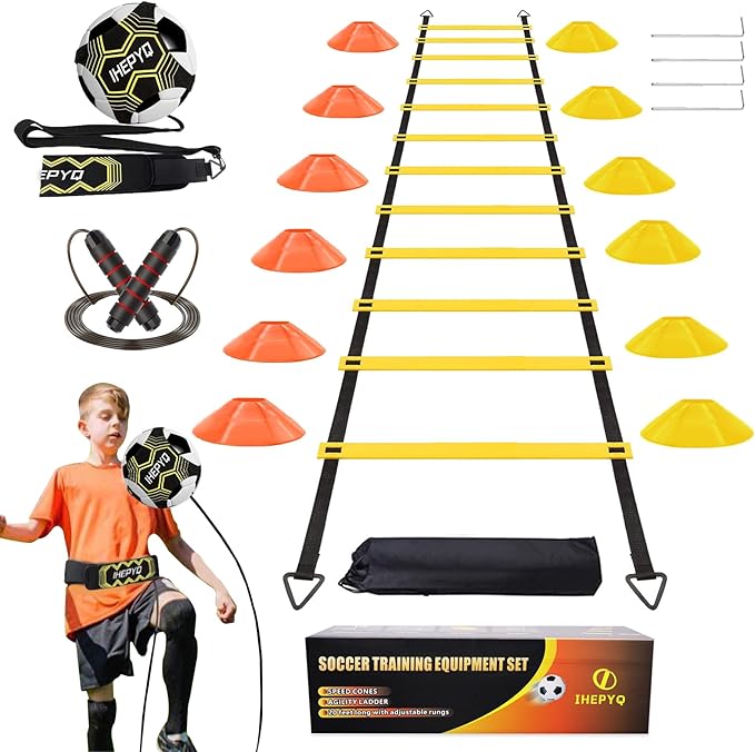 Soccer Agility Training Equipment Set, 12 Rung 20Ft Agility Ladder, 12 Disc Cones, 4 Steel Stakes