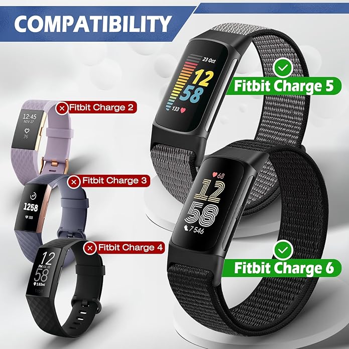 Sport Loop Nylon Watch Bands Compatible with Fitbit Charge 6/5, Adjustable Breathable Replacement