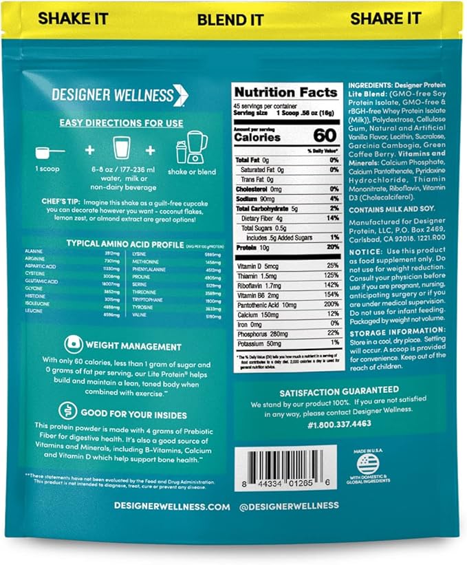 Designer Wellness, Designer Lite, Low Calorie Natural Protein, Prebiotic Fiber, Key Vitamins &