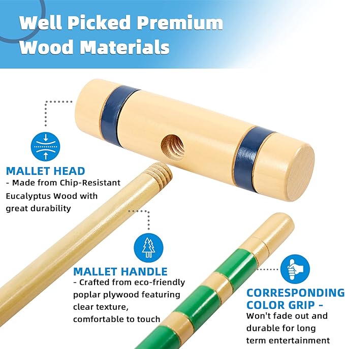 28In Croquet Party Set for 8 Players - Made of Long-Lasting Pine Wood, Family Fun for Backyards