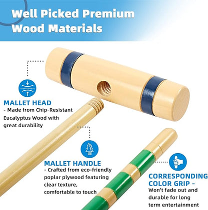 28In Croquet Party Set for 8 Players - Made of Long-Lasting Pine Wood, Family Fun for Backyards