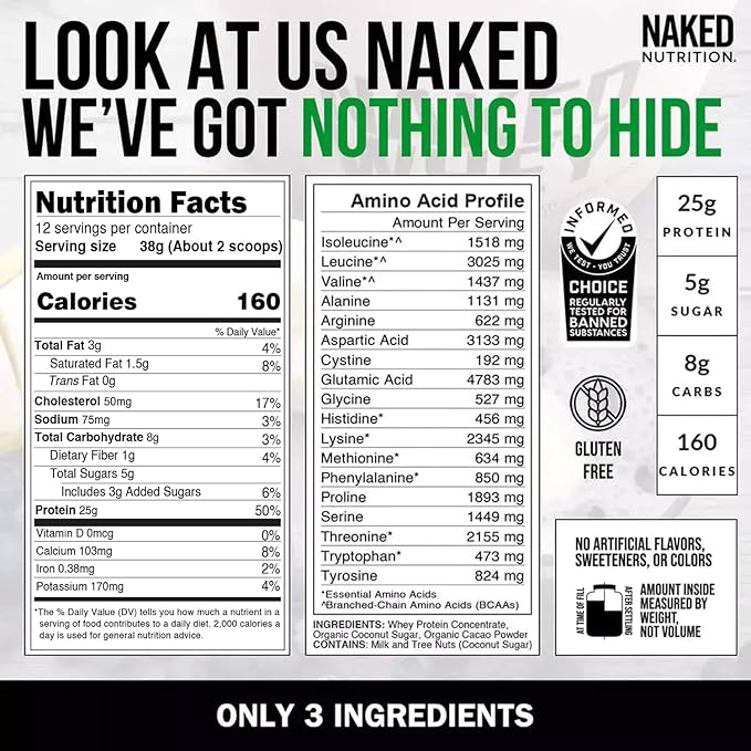 NAKED Chocolate Whey 1LB - All Natural Grass Fed Whey Protein Powder, Organic Cacao, and Coconut
