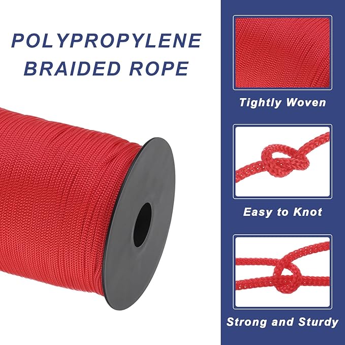 MECCANIXITY 1/8 Inch Polypropylene Rope Braided Ropes, 328ft Nylon Rope Hollow Utility Cord for