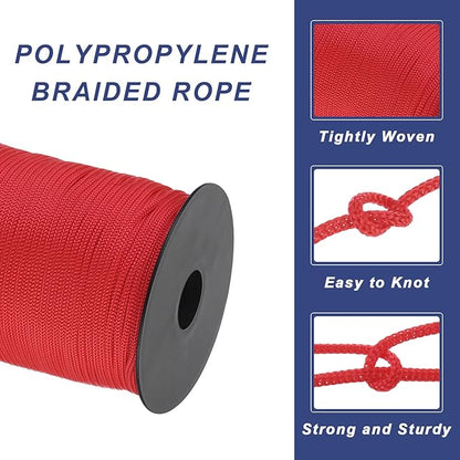 MECCANIXITY 1/8 Inch Polypropylene Rope Braided Ropes, 328ft Nylon Rope Hollow Utility Cord for