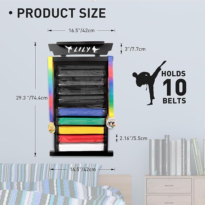 Tilhumt 12/10 Belts Karate Belt Display Rack with Stickers, Taekwondo Belt Display with