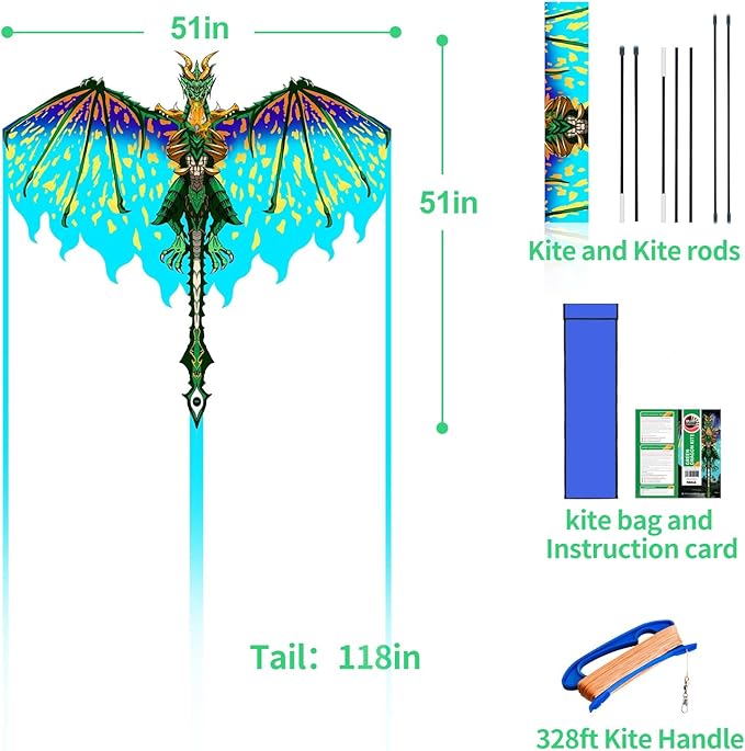 Mint's Colorful Life Dragon Kite for Kids & Adults, Easy to Fly Best Beach Kites for Beginners