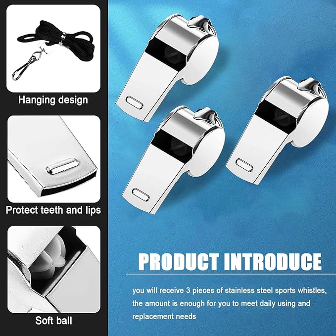 3 Pcs Whistle,Stainless Steel Sports Whistle with Lanyard for Coaches Referees Emergency Outdoor