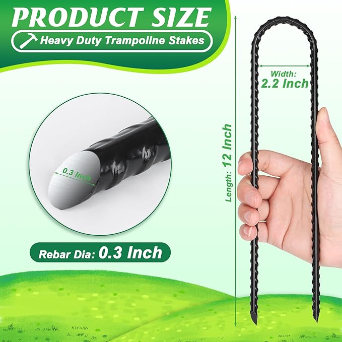 Gtongoko Trampolines Wind Stakes 16 Pack 12 Inch, 0.3 Inch Thick Heavy Duty U Shaped Rebar Tent