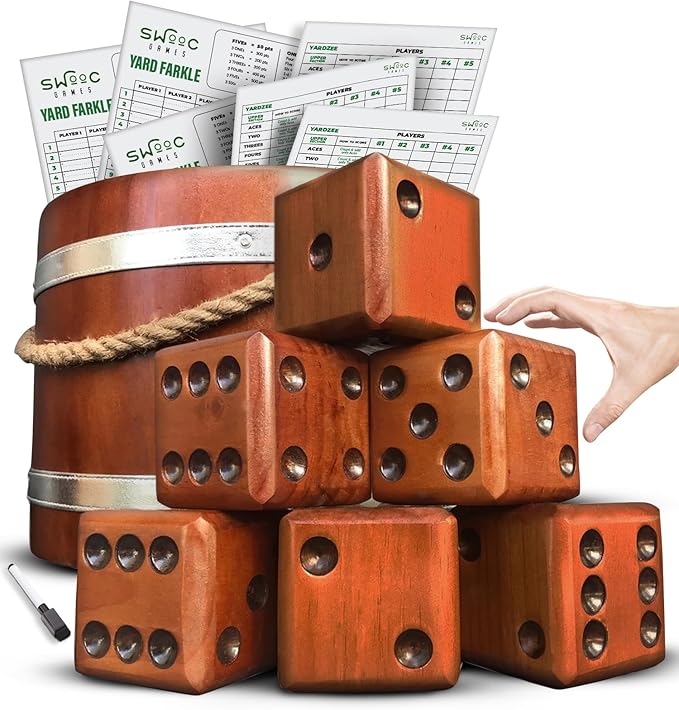 SWOOC Games - Yardzee, Farkle & 20+ Giant Dice Games (All Weather) Yard Dice with Wooden Bucket, 5