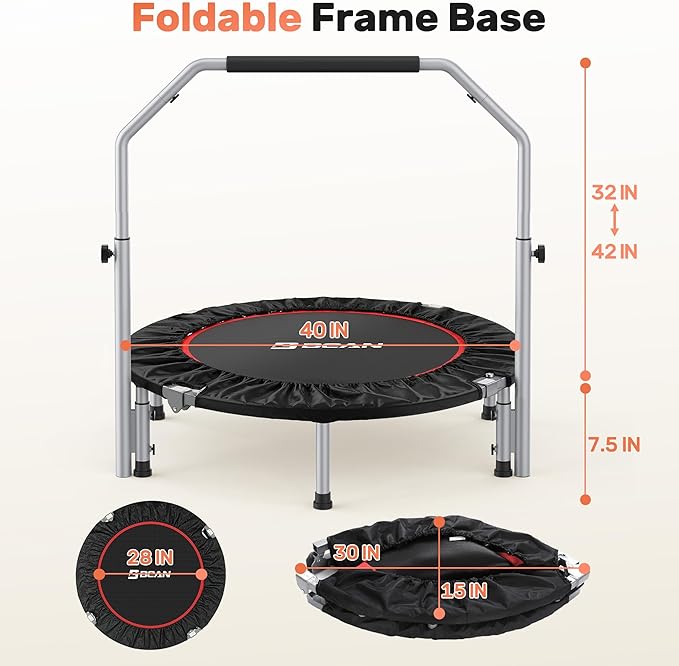 BCAN 40/48" Foldable Mini Trampoline Max Load 330lbs/440lbs, Fitness Rebounder with Adjustable Foam