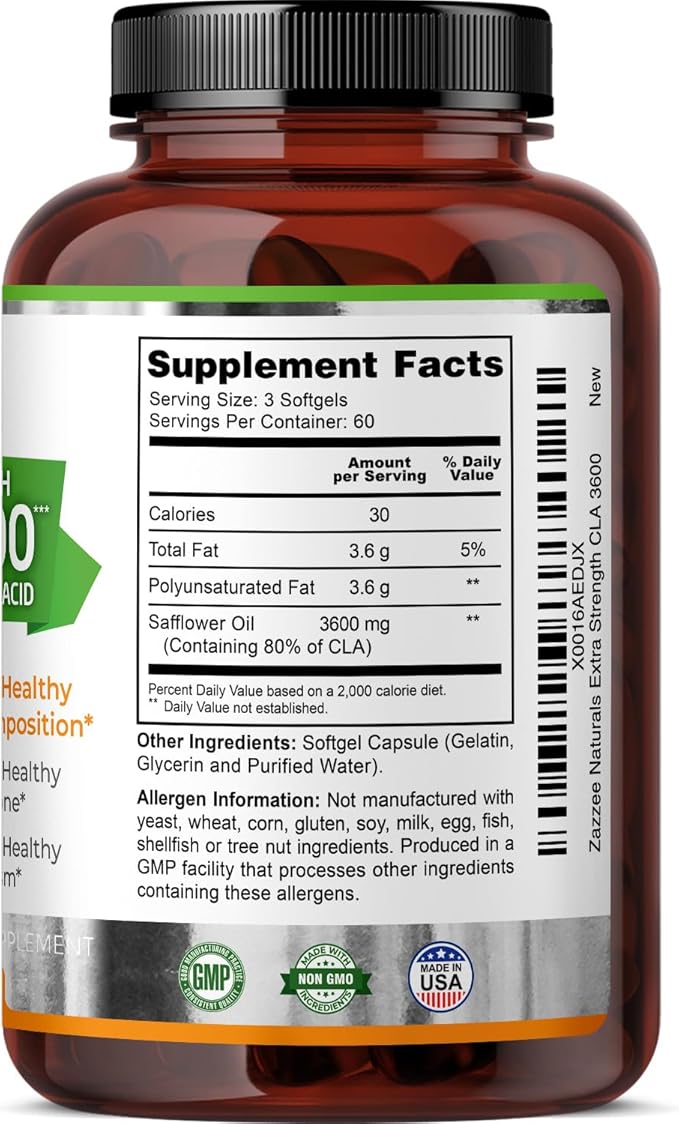 Zazzee High Potency CLA 3600, 180 Softgels, 3600 mg per Serving, Conjugated Linoleic Acid from