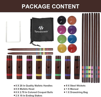28In Croquet Party Set for 8 Players - Made of Long-Lasting Pine Wood, Family Fun for Backyards