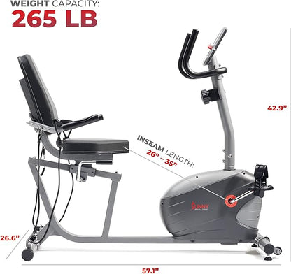 Sunny Health & Fitness Smart Indoor Recumbent Bike Trainer, Home Full Body Workout & Cardio Cycling
