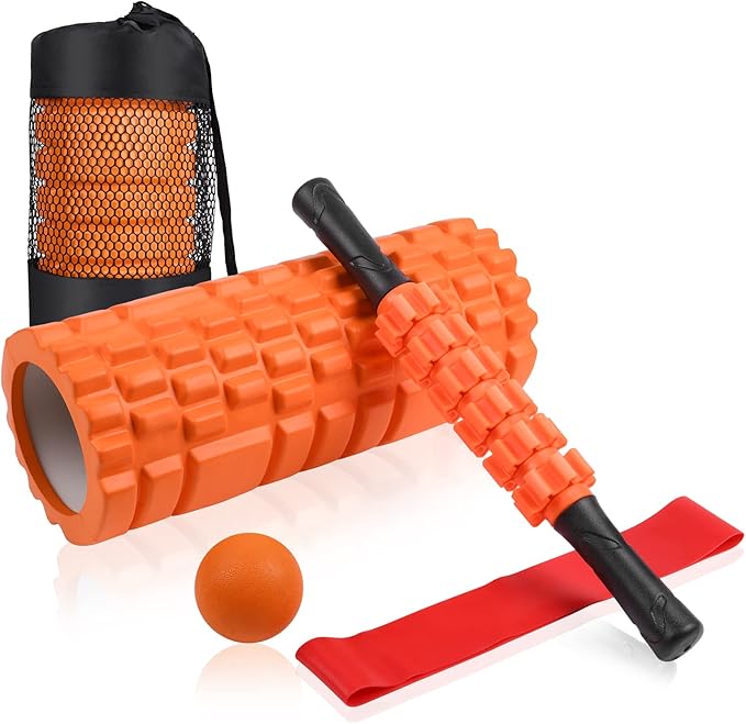 5 in 1 Foam Roller Set Includes Hollow Core Massage Roller, Yoga Stick, Massage Ball, Fitness