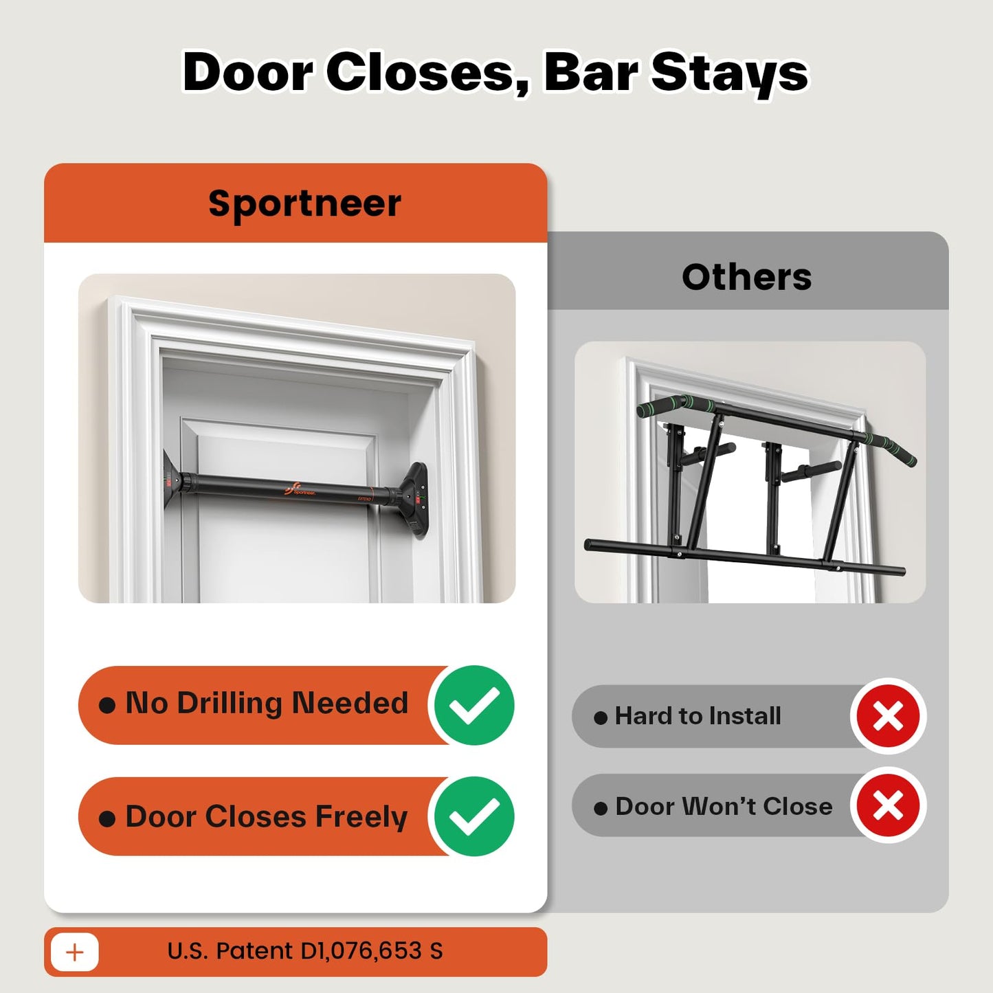 Sportneer Pull Up Bar for Doorway, No-Drill, 29.5-37 in, 440 lb