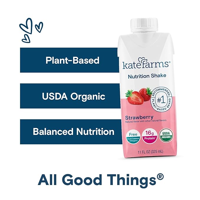 Kate Farms Organic Nutrition Shake, Strawberry, 16g Protein, 27 Vitamins and Minerals, Meal