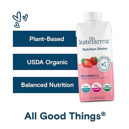 Kate Farms Organic Nutrition Shake, Strawberry, 16g Protein, 27 Vitamins and Minerals, Meal