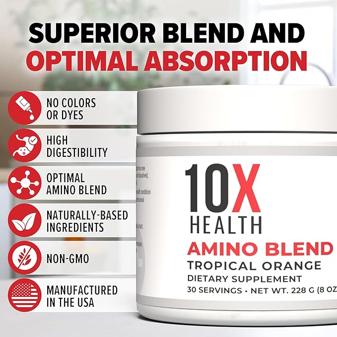10X Health Amino Blend Pre Workout Powder for Men - Tropical Orange Flavor - EAA & BCAA Powder
