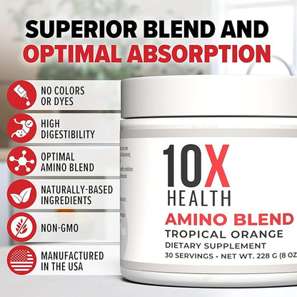 10X Health Amino Blend Pre Workout Powder for Men - Tropical Orange Flavor - EAA & BCAA Powder