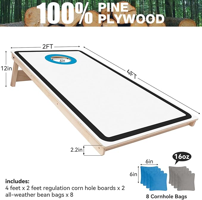 Cornhole Board Set - No Bounce,Regulation Size 4x2 ft,Made of 1/2" Pine Plywood,UV Printing