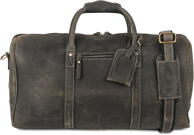 KomalC 24 Inch Leather Duffel Bags for Men and Women Full Grain Leather Travel Overnight Weekend