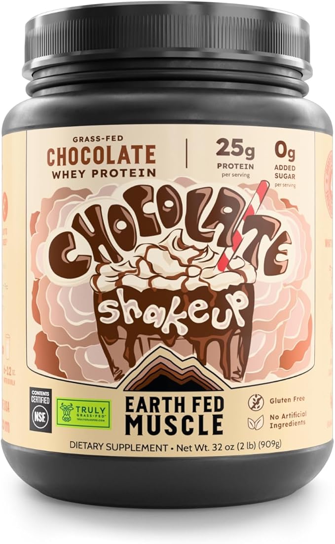 Earth Fed Muscle Chocolate Shakeup Truly Grass Fed Whey Protein Isolate NSF-Certified. No