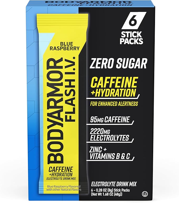 BODYARMOR Caffeinated Flash I.V. Electrolyte Packets Blue Raspberry - Zero Sugar Energy Drink Mix