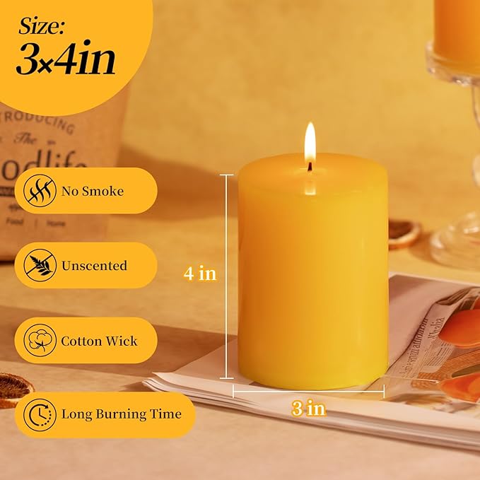 KONNI Yellow Pillar Candles Set of 3, 3"x 4" Unscented Pillar Candles Bulk, 39 Hours Long Burning
