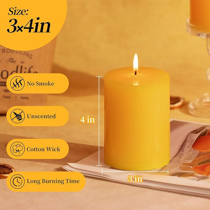 KONNI Yellow Pillar Candles Set of 3, 3"x 4" Unscented Pillar Candles Bulk, 39 Hours Long Burning