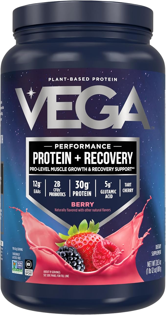 Vega Sport Vegan Protein Powder + Recovery - 30g Plant Based Protein per Serving, Berry, 19