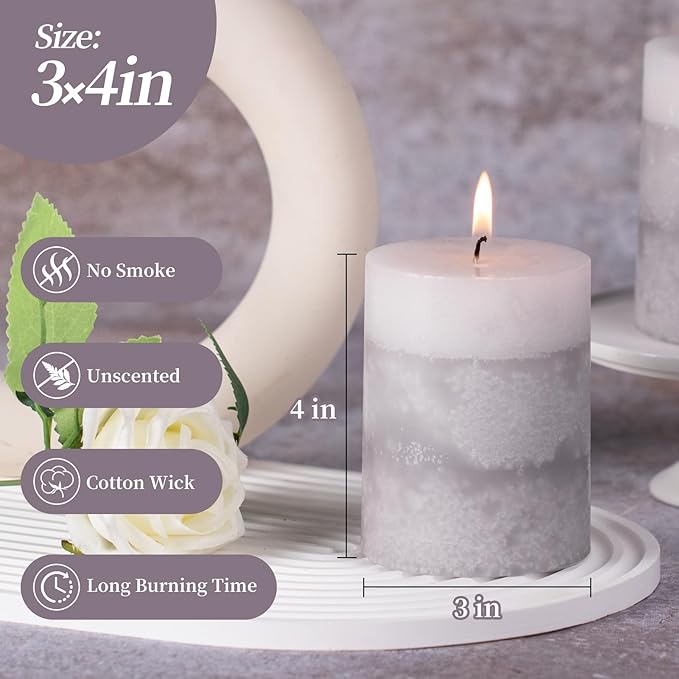 KONNI Gray Layered Pillar Candles Set of 3, 3"x 4" Unscented Pillar Candles Bulk, 39 Hours Long
