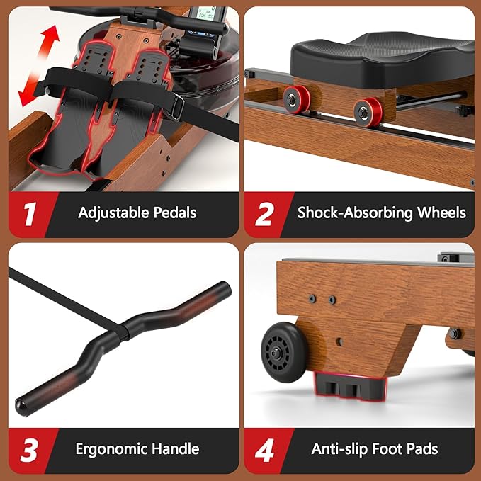 Water Rowing Machine for Home Use, WENOKER Wooden Foldable Rower Machine with Adjustable Monitor &