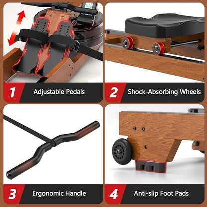 Water Rowing Machine for Home Use, WENOKER Wooden Foldable Rower Machine with Adjustable Monitor &