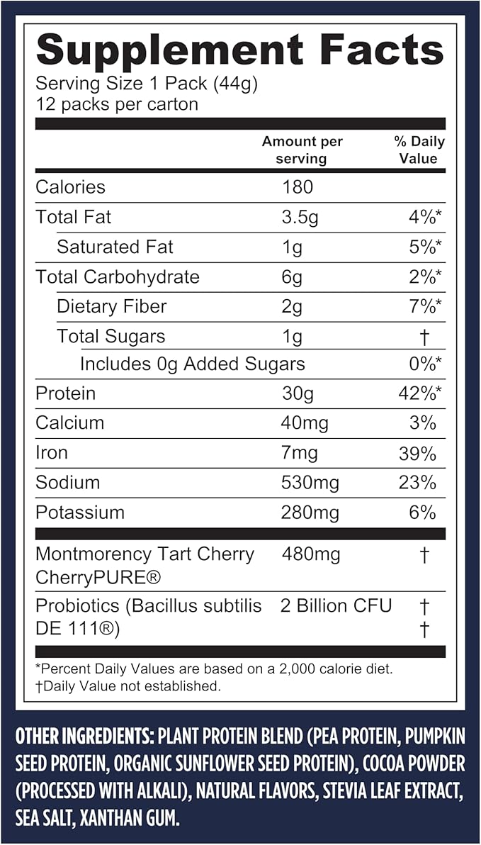 Vega Protein + Recovery - 30g Plant-Based Protein per Serving, Chocolate, 12 x 1.6oz Sachets, 5g