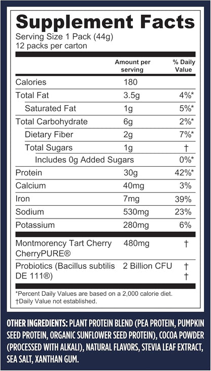 Vega Protein + Recovery - 30g Plant-Based Protein per Serving, Chocolate, 12 x 1.6oz Sachets, 5g