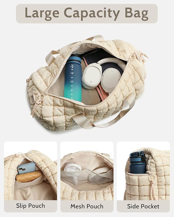 Quilted Duffel Bag for Women, Puffer Gym Duffle Bag with Shoe Compartment Lightweight Large