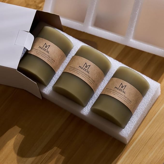 MOZEAL 3" x 4" Hand-Poured Unscented Sage Green Candle, Dripless Pale Green Pillar Candle Set of 3