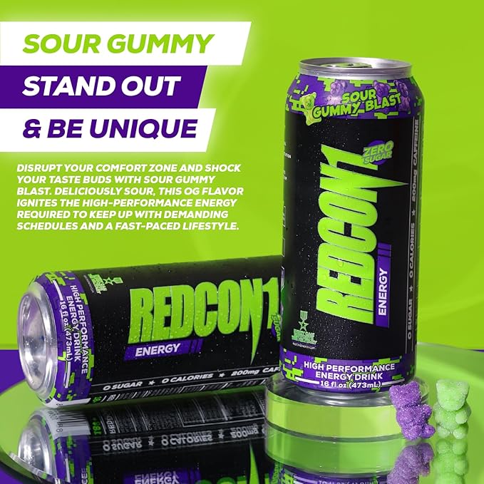 REDCON1 Energy High Performance Drink, Sour Gummy Blast - Zero Sugar Energy Drink with Alpha GPC