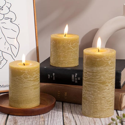 KONNI Wax Yellow Pillar Candles Set of 3, 3"x 3" Unscented Pillar Candles Bulk, 30 Hours Long