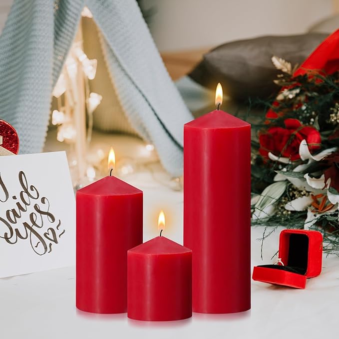 Pillar Candles 3 x 4, 6, and 8 inches, Large Handmade Candles Set of 3, Red Decorative Candles for