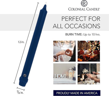 Colonial Candle Unscented Taper Candle, Classic Collection, Indigo, 12 In, Pack of 12 - Up to 10