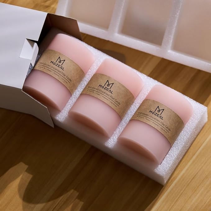MOZEAL 3" x 4" Hand-Poured Unscented Blush Candle, Dripless Light Pink Pillar Candle Set of 3, Long