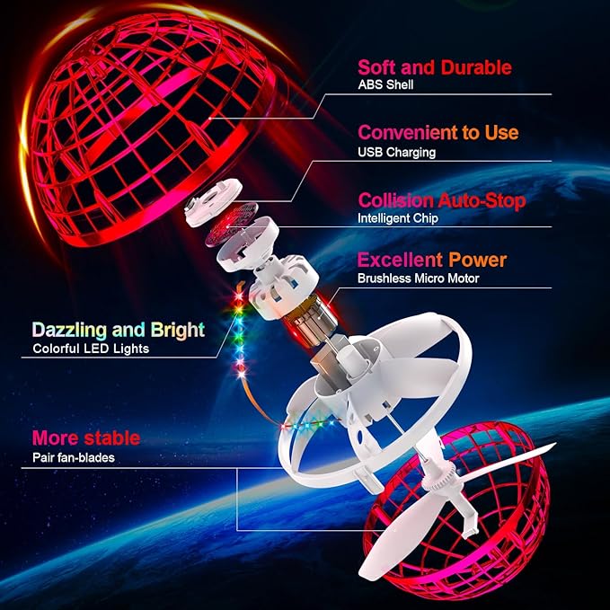 Flying Orb Ball (Red, 2025 Upgraded) with Dazzling Lights, Magic Hover Spinner, Cool Boomerang