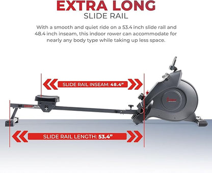 Sunny Health & Fitness Flip & Foldable Rowing Machine for Home w/Extended Slide Rail, Full-Body